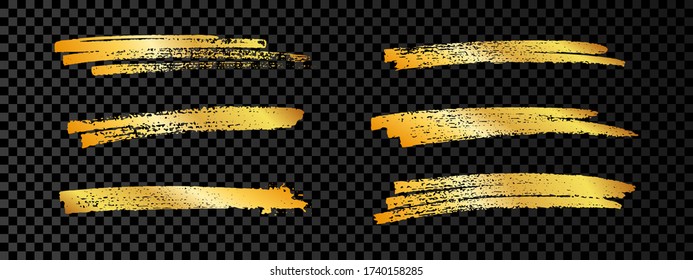 Gold paint brush smear stroke. Set of six abstract gold glittering sketch scribbles smears on dark transparent background. Vector illustration.