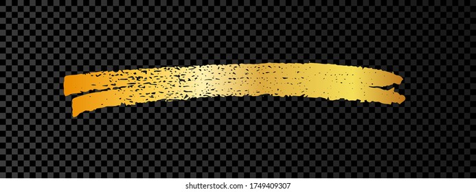 Gold paint brush smear stroke. Abstract gold glittering sketch scribble smear on dark transparent background. Vector illustration.