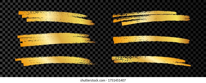 Icono de frotis de pincel de oro. Un conjunto de seis dibujos abstractos de oro brillante dibujando garabatos sobre un fondo transparente oscuro. Ilustración vectorial.
