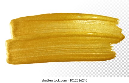 Gold paint brush smear vector stroke. Acrylic golden color stain on transparent background. Abstract gold glittering textured paint for invitation, wedding or bithday card template