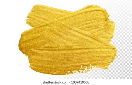 Gold paint brush vector smear stroke. Acrylic golden color stain on transparent background. Abstract vector gold glittering textured background for invitation, wedding or bithday card template