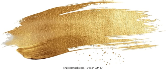 Gold paint brush vector smear stroke. Acrylic golden color stain on transparent background. Abstract vector gold glittering textured background for invitation, wedding or bithday card template