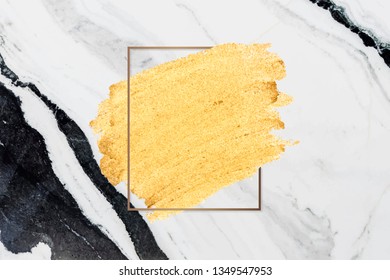 Gold paint with a golden rectangle frame on a white marble background vector