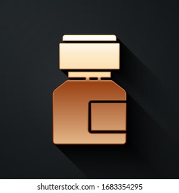 Gold Paint, gouache, jar, dye icon isolated on black background. Long shadow style. Vector Illustration