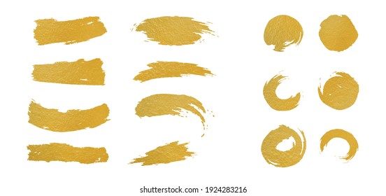 Gold Paint And Ink Brush Strokes. Golden Color Splash And Round Shape Stain. Metal Glow Circle Ring Splatter. Vector Illustration