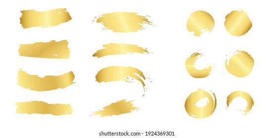 Gold Paint And Ink Brush Strokes. Golden Color Splash And Round Shape Stain. Metal Glow Circle Ring Splatter. Vector Illustration