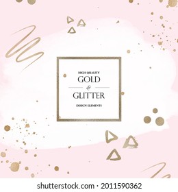 Gold Paint And Ink Brush Strokes, Golden Glitter Abstract Round Circle Shapes. Metallic Splash Stain Design Elements. Pink Watercolor Square Abstract Background For Instagram Social Media Story Post