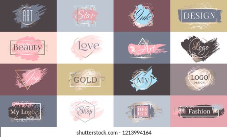 Gold paint ink brushstroke set, line lipstick golden powder texture with frame. Grunge dirty artistic glamour design element, box background for logo quotes text. Hand drawn vector