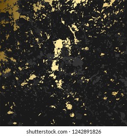 Gold paint on black background in vector. Grunge dark backdrop for holiday. Golden sparcle