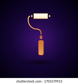 Gold Paint roller brush icon isolated on black background.  Vector Illustration