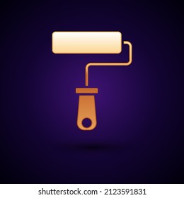 Gold Paint roller brush icon isolated on black background.  Vector