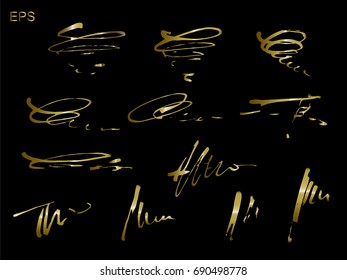 Gold paint smear stroke stain set. Abstract gold glittering textured art illustration