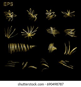 Gold paint smear stroke stain set. Abstract gold glittering textured art illustration