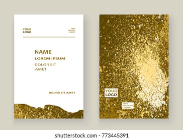 Gold paint splash, splatter explosion glitter artistic frame covers design. Decorative christmas texture Spray granite golden yellow white backgrounds. Trendy template vector for flyer, banner
