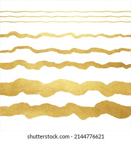 Gold paint wavy long brush strokes vector set, uneven golden foil lines, curved stripes, deckled edge glittering streaks. Hand drawn shiny graphic design elements, text backgrounds, border templates