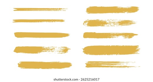 Gold paint wavy long brush strokes vector set, uneven golden foil lines, curved stripes, deckled edge glittering streaks. Hand drawn shiny graphic design elements, text backgrounds, border templates