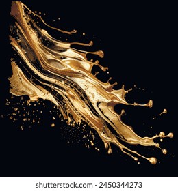 Gold painted  3d liquid fluid splash splatter brush stroke glittery luxury pattern background illustration. Vector grunge golden hand drawn brushstroke. Textured modern glowing splash.