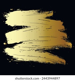 Gold painted hand drawn grunge  brush stroke blot splatter stain on black background. Isolated design. Decorative grungy golden oil textured brushstroke pattern element. Rough texture.