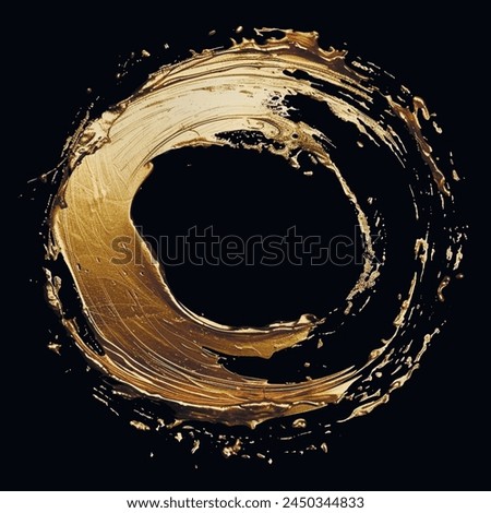 Gold painted hand drawn grunge surface round 3d brush stroke frame on black background. Isolated circle frame design. Decorative grungy golden oil brushstroke pattern. element. Relief 3d texture.