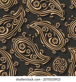 Gold paisley 3d background. Seamless pattern for decoration. Ornate pattern with flowers. Vector illustration