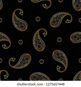 Gold paisley hand drawn vector seamless pattern. Abstract floral golden oriental background for surface design, textile, wrapping paper, wallpaper, phone case print, fabric.