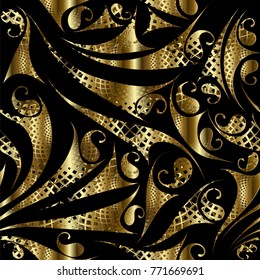 Gold paisley seamless pattern. Abstract floral background. Modern golden lace ornaments with hand drawn paisley flowers, shapes, figures. Endless surface texture. Design for fabric, wallpapers, prints