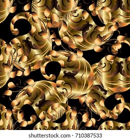 Gold paisley seamless pattern. Vintage floral black background with 3d gold drapery  ornamental paisley flowers, swirl leaves and modern beautiful ethnic ornaments. Vector surface gold paisley texture