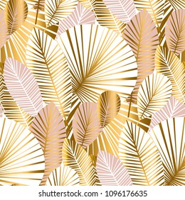 gold and pale rose abstract leaves seamless pattern for background, wrapping paper, fabric on blue checkered background. floral botalical endless repeatable motif for surface design. stock  illustrati