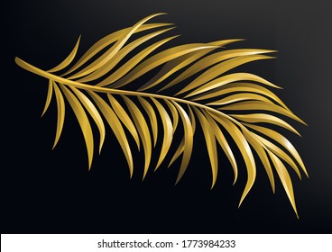 Gold palm branch on black background. Vector illustration.