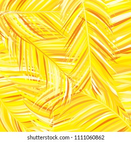 Gold Palm Branches in Various Forms. Tropic Foliage. Illustration of Jungle Plants. Vector Palm Leaves on a Black Background. Floral Elements Set. God Palm Leaves for Pattern, Wallpaper, Print.