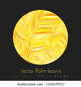 Gold Palm Branches in Various Forms. Tropic Foliage. Illustration of Jungle Plants. Vector Palm Leaves on a Black Background. Floral Elements Set. God Palm Leaves for Pattern, Wallpaper, Print.