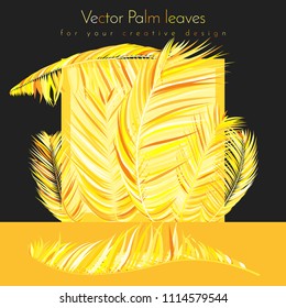 Gold Palm Branches in Various Forms. Tropic Foliage. Illustration of Jungle Plants. Vector Palm Leaves on a Black Background. Floral Elements Set. God Palm Leaves for Pattern, Wallpaper, Print.