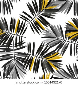 Gold Palm Leaf Vector Seamless Pattern. Black Tropical Jungle Background Miami Style. Mud Leaves Decoration Backdrop. Ebony Monstera Leaves Texture