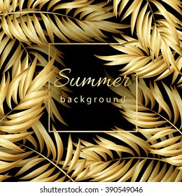 Gold Palm Leaves Pattern Black Background. Square Frame.