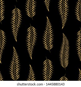 Gold palm leaves seamless pattern. Gold leaf on black background. Vector illustration background. For print, textile, web, home decor, fashion, surface, graphic design