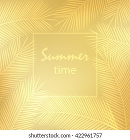 Gold palm leaves. Summer time. Leaves palm background. Palm leaf. Vector illustration.