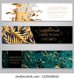 Gold Palm leaves and tropical leaves background. vector banner design. Gradient background. stock vector