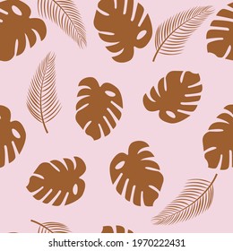 Gold palm leaves Vector seamless pattern Different tropical foliage on light pink background