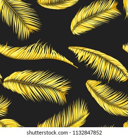Gold Palm Seamless Pattern. Exotic Leaves. Tropic Summer Background. Yellow Vector Palm Branches. Realistic Jungle Foliage. Palm Seamless Background for Cloth Design, Textile, Wallpaper, Wrapping.