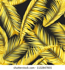 Gold Palm Seamless Pattern. Exotic Leaves. Tropic Summer Background. Yellow Vector Palm Branches. Realistic Jungle Foliage. Palm Seamless Background for Cloth Design, Textile, Wallpaper, Wrapping.