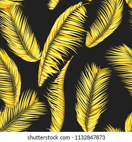 Gold Palm Seamless Pattern. Exotic Leaves. Tropic Summer Background. Yellow Vector Palm Branches. Realistic Jungle Foliage. Palm Seamless Background for Cloth Design, Textile, Wallpaper, Wrapping.