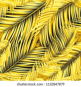 Gold Palm Seamless Pattern. Exotic Leaves. Tropic Summer Background. Yellow Vector Palm Branches. Realistic Jungle Foliage. Palm Seamless Background for Cloth Design, Textile, Wallpaper, Wrapping.