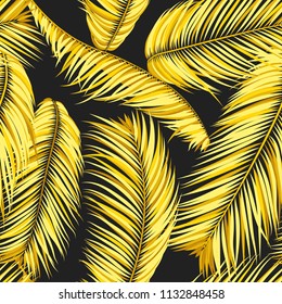 Gold Palm Seamless Pattern. Exotic Leaves. Tropic Summer Background. Yellow Vector Palm Branches. Realistic Jungle Foliage. Palm Seamless Background for Cloth Design, Textile, Wallpaper, Wrapping.
