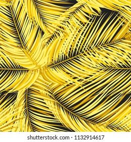Gold Palm Seamless Pattern. Exotic Leaves. Tropic Summer Background. Yellow Vector Palm Branches. Realistic Jungle Foliage. Palm Seamless Background for Cloth Design, Textile, Wallpaper, Wrapping.