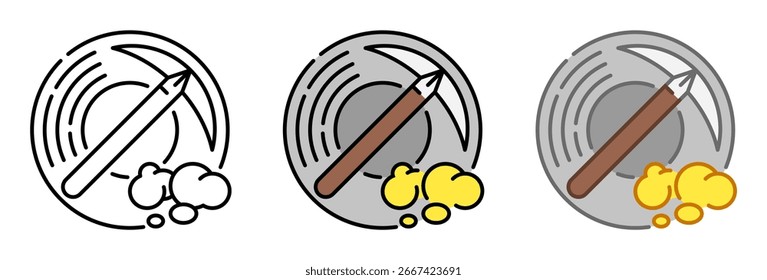 A gold pan with nuggets and a pickaxe, symbolizing gold mining. Ideal for themes about history, treasure hunting, adventure, economy, and exploration.