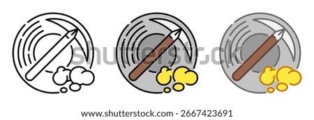 A gold pan with nuggets and a pickaxe, symbolizing gold mining. Ideal for themes about history, treasure hunting, adventure, economy, and exploration.