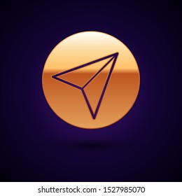 Gold Paper airplane icon isolated on dark blue background.  Vector Illustration