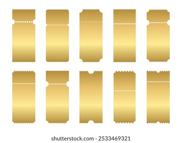 Juego de Cupón de papel dorado. Colección de maqueta de boleto de cine dorado. Formulario en blanco para descuento. Vector