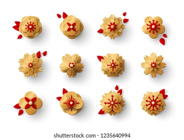 Gold paper cut flowers with red leaves. Vector illustration.