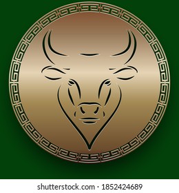 Gold paper cut ox in circle. Chinese new year 2021 year of the ox , character, asian elements with craft style on green background. Vector illustration.